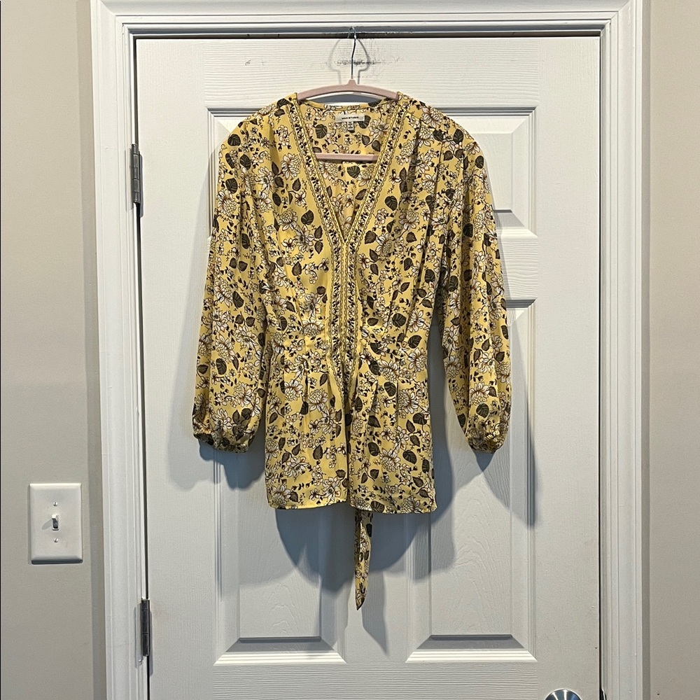 Max Studio Yellow‎ Floral Boho Prairie Blouse with 3/4 Length Sleeve Size M